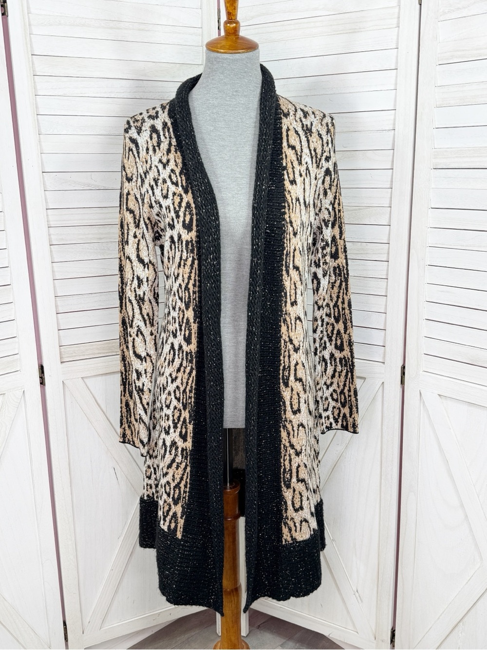 Chicos Leopard Print Long Duster Cardigan Sweater Tan Black Medium Open‎ Front